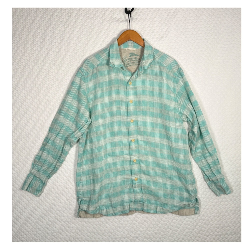 Tommy Bahama Men L Aqua Blue Wht Plaid 100% Linen Relaxed Long Slv Button Shirt